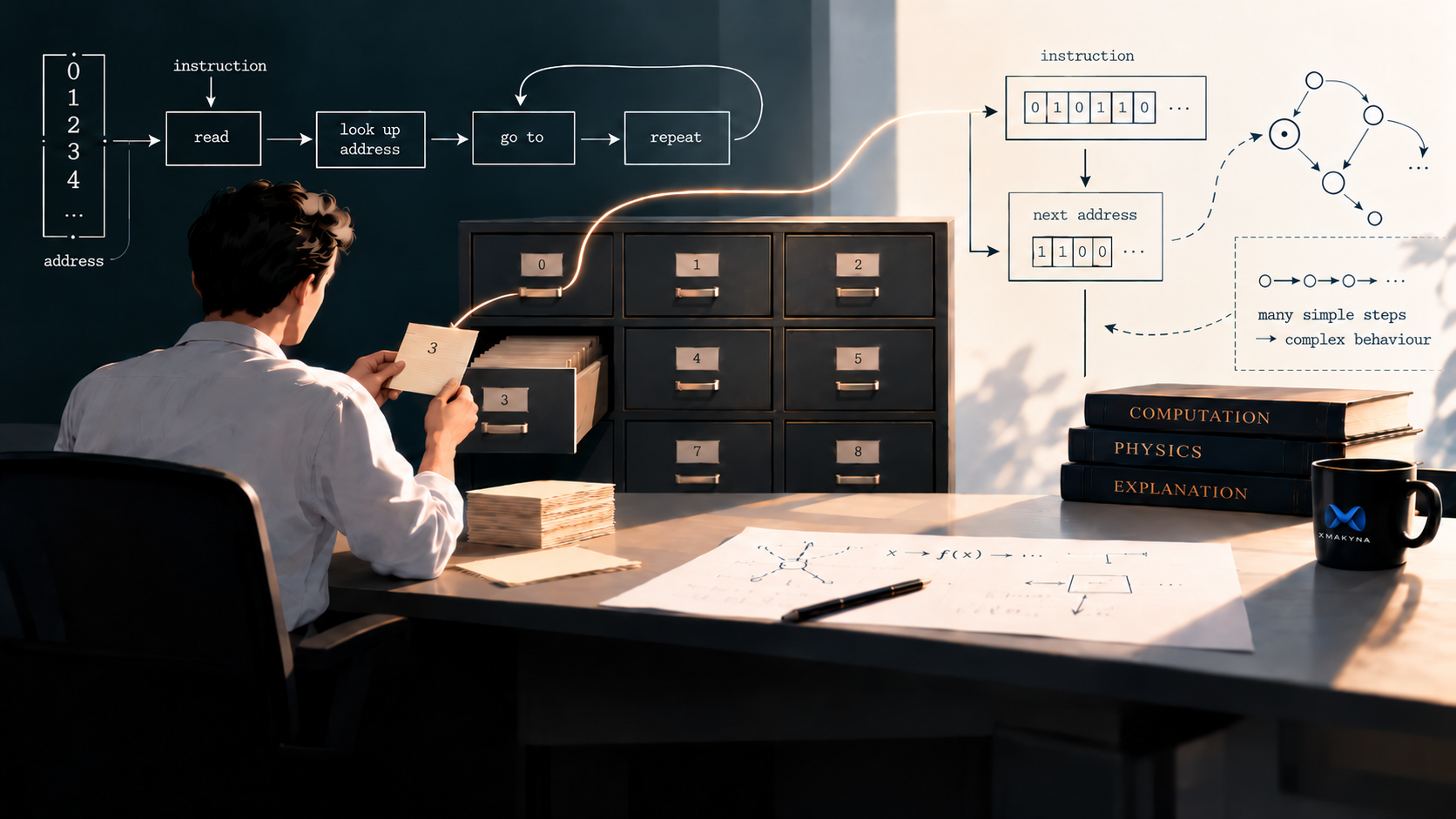 Illustration of a filing clerk at numbered drawers, surrounded by diagrams of instructions, addresses and repeated steps, representing Feynman’s model of computer operation.
